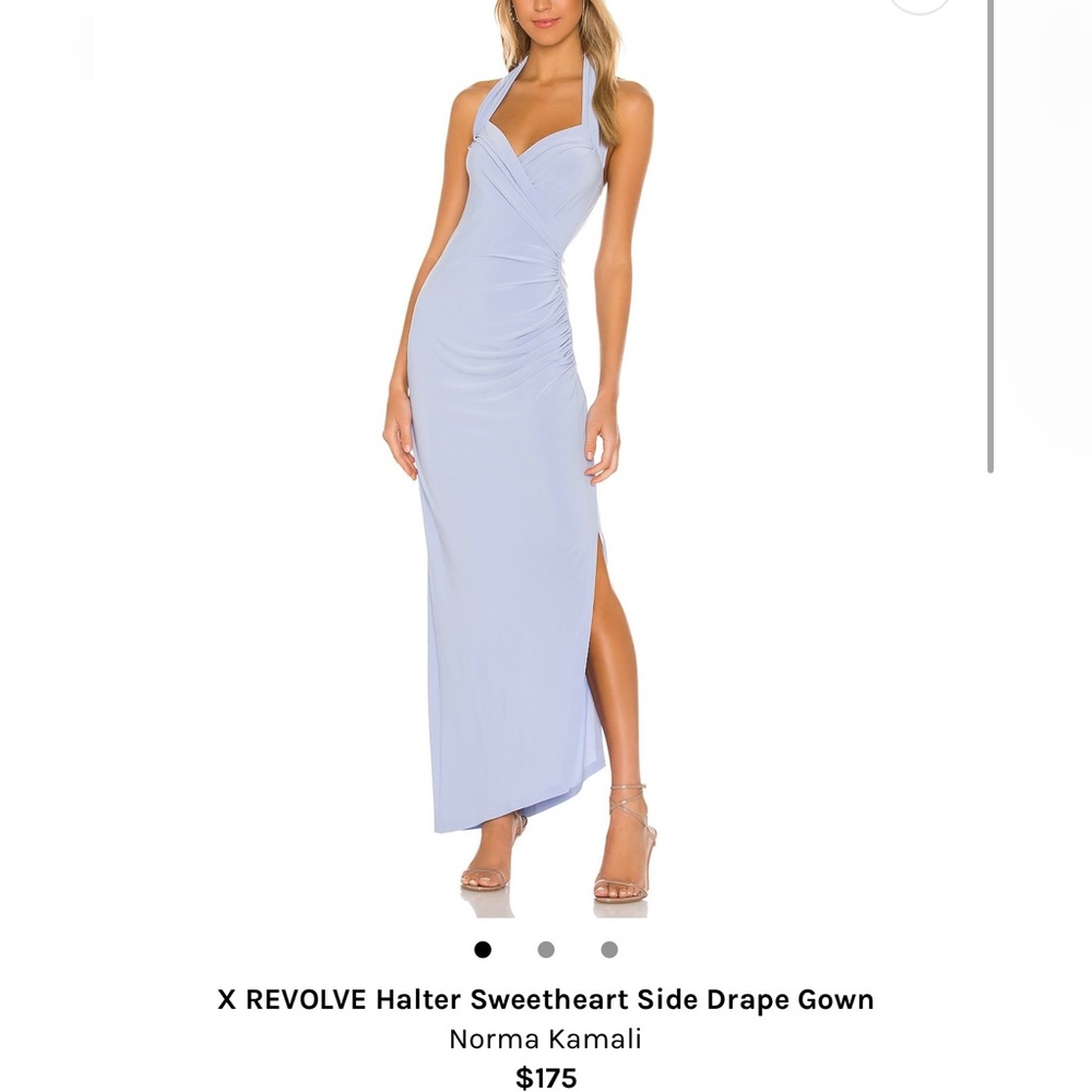 Norma Kamali: X REVOLVE HALTER SWEETHEART SIDE DRAPE GOWN. Celestial Blue, Med